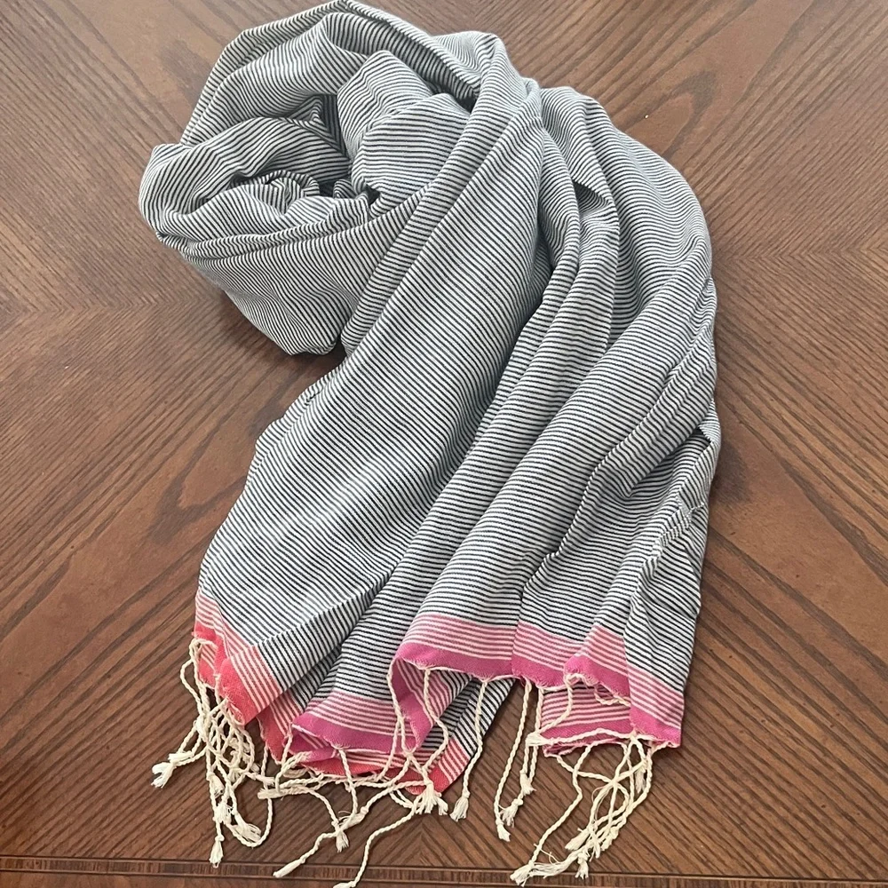 100% Cotton Nautical Striped Scarf /Wrap with Pink Trim tassels